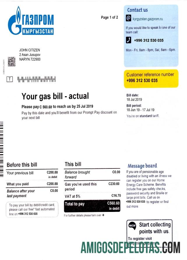 imprimível Modelo de conta de serviços públicos de gás do Quirguistão totalmente editável em formato PSD